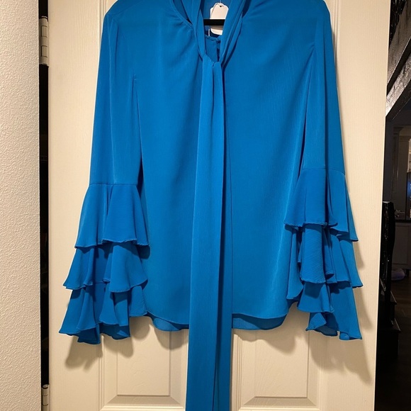 Prabel Gurung women’s blue ruffle tie flowing blouse size 14 excellent condition - Picture 3 of 13